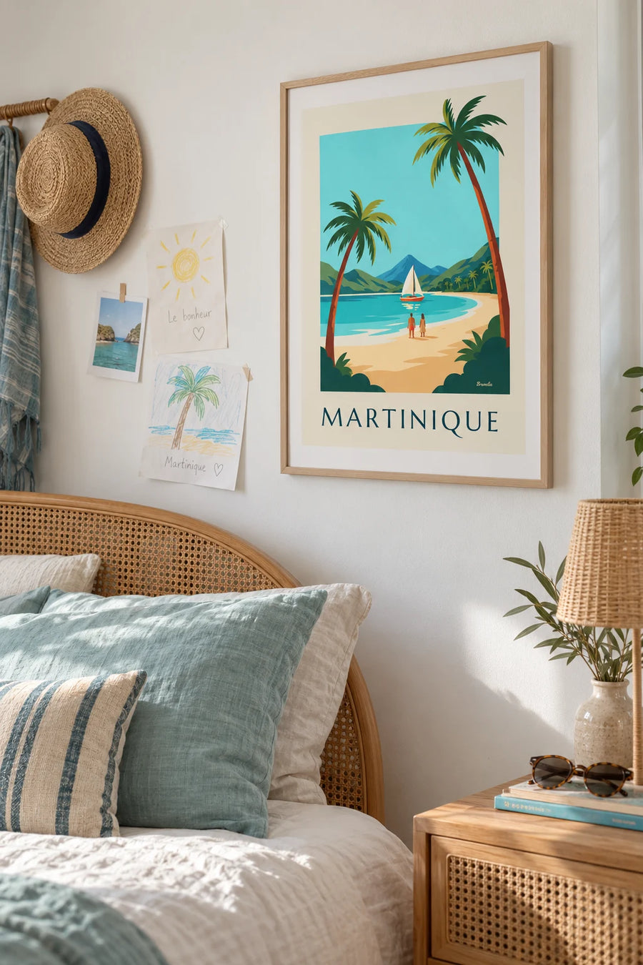 Poster of a sailboat in a Martinique cove and Mount Pelée: framed on the wall