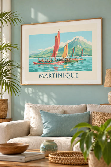 Round yoles racing off Martinique poster : framed on the wall