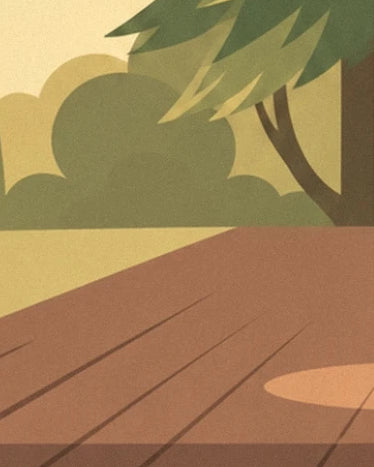 The brown stage floor in front of green foliage and a tree trunk