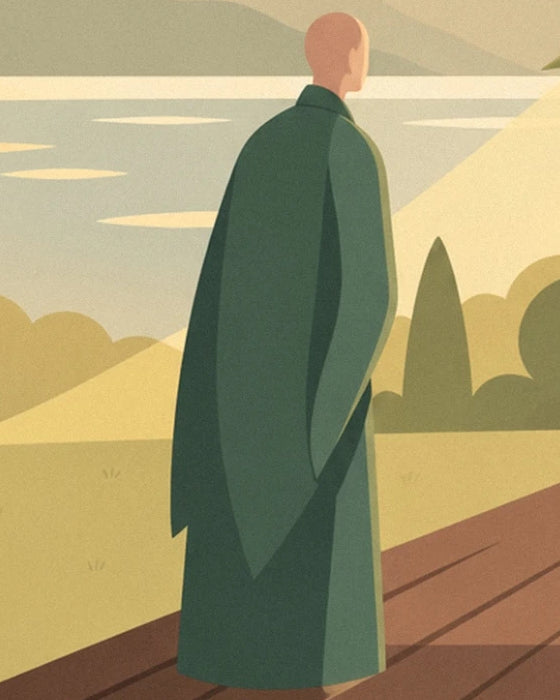 A figure seen from behind in a long green robe on a wooden stage facing the water