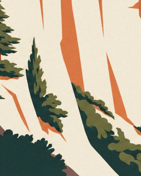 Cypresses and olive green bushes clinging to the cream cliff face streaked with orange