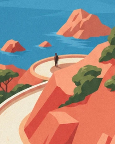 A figure at the Corniche d’Or viewpoint, facing the blue sea and red rocks