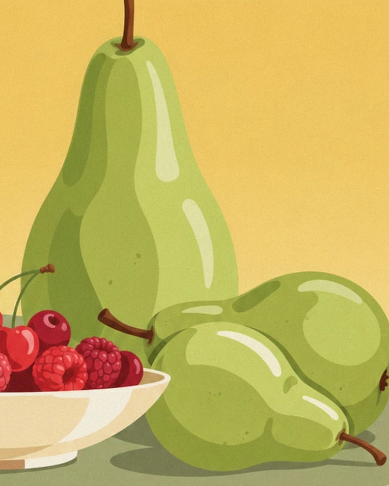 Affiche nature morte, bol de fruits rouges et poires : détail en gros plan