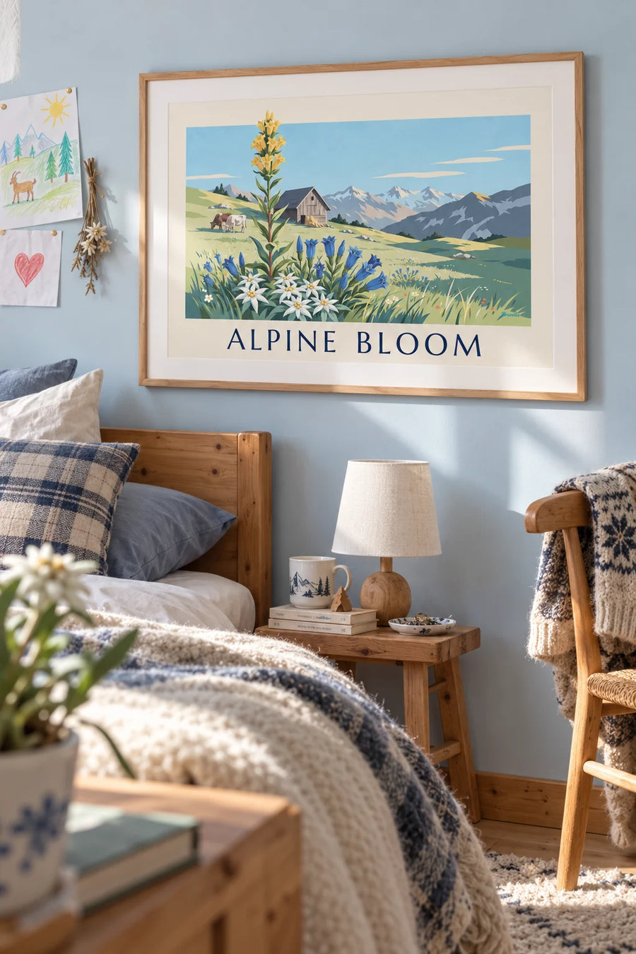 Poster of edelweiss and gentians in an alpine meadow at the foot of the mountains: framed on the wall