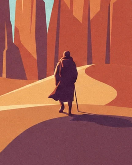 A traveller in a dark coat, staff in hand, between orange cliffs