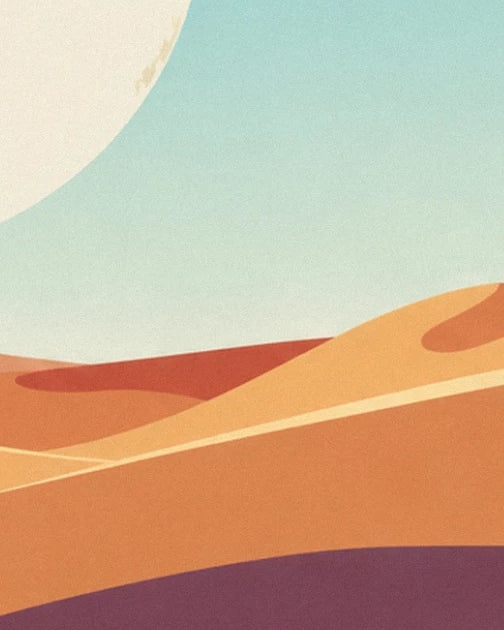 Orange dunes crossed by pale lines beneath a partially visible moon