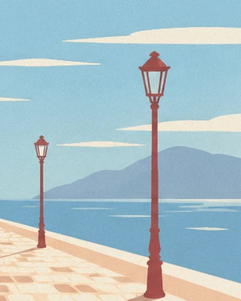 The 2 red street lamps on the quay facing the blue water and mountains