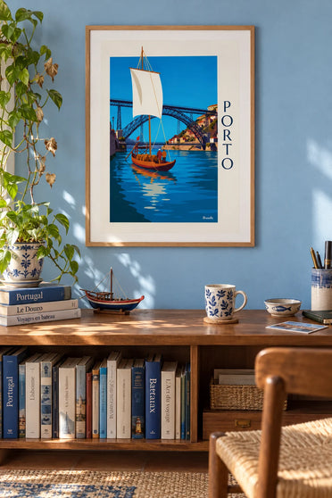 Porto Dom Luís I Bridge and rabelo boat on the Douro poster : framed on the wall