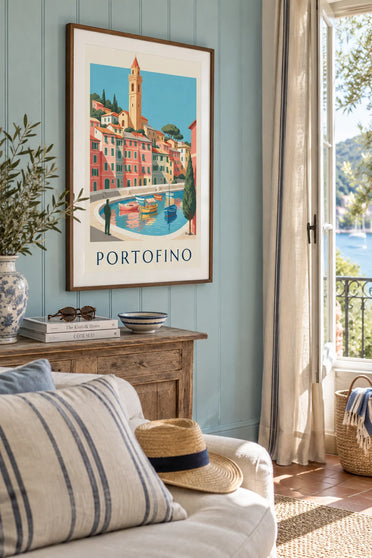 Poster of colorful boats in the port of Portofino: framed on the wall