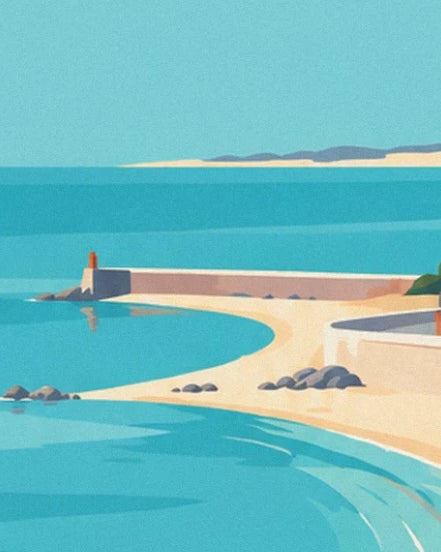 The breakwater with its small red beacon, the grey rocks and the golden sandy beach