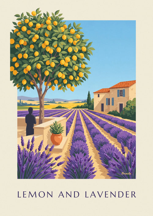 Affiche lavande, citronnier et maison provençale aux volets bleus : l'affiche entière