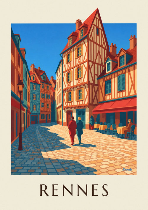 Affiche place du Champ-Jacquet et ses maisons à pans de bois à Rennes : l'affiche entière