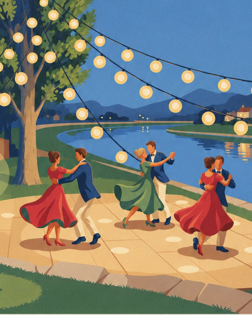Les 4 couples en robes rouge et verte qui dansent sous les lampions, au bord de l'eau