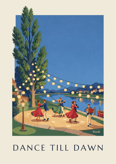 Poster of a guinguette dance, dancers under paper lanterns by the water: the full poster
