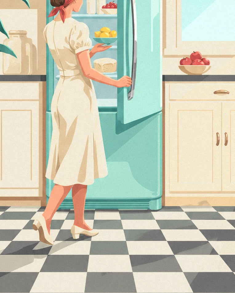 Rounded mint green refrigerator in a kitchen poster: close-up detail