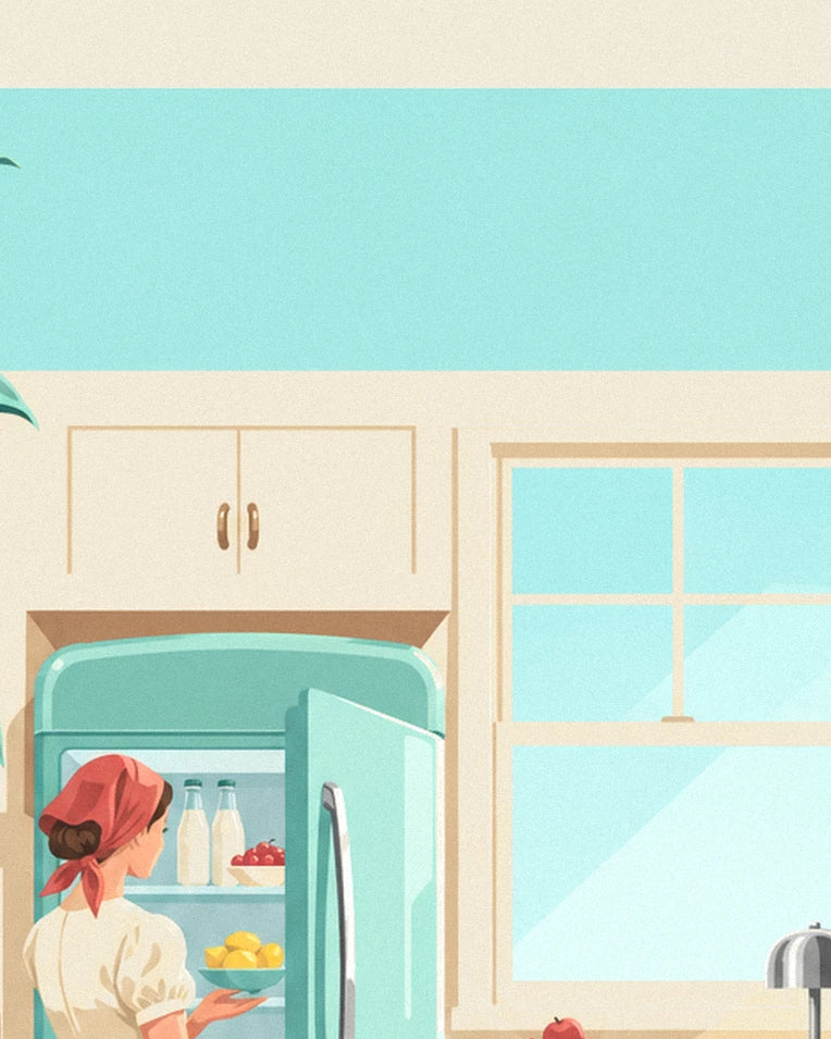 Rounded mint green refrigerator in a kitchen poster: close-up detail