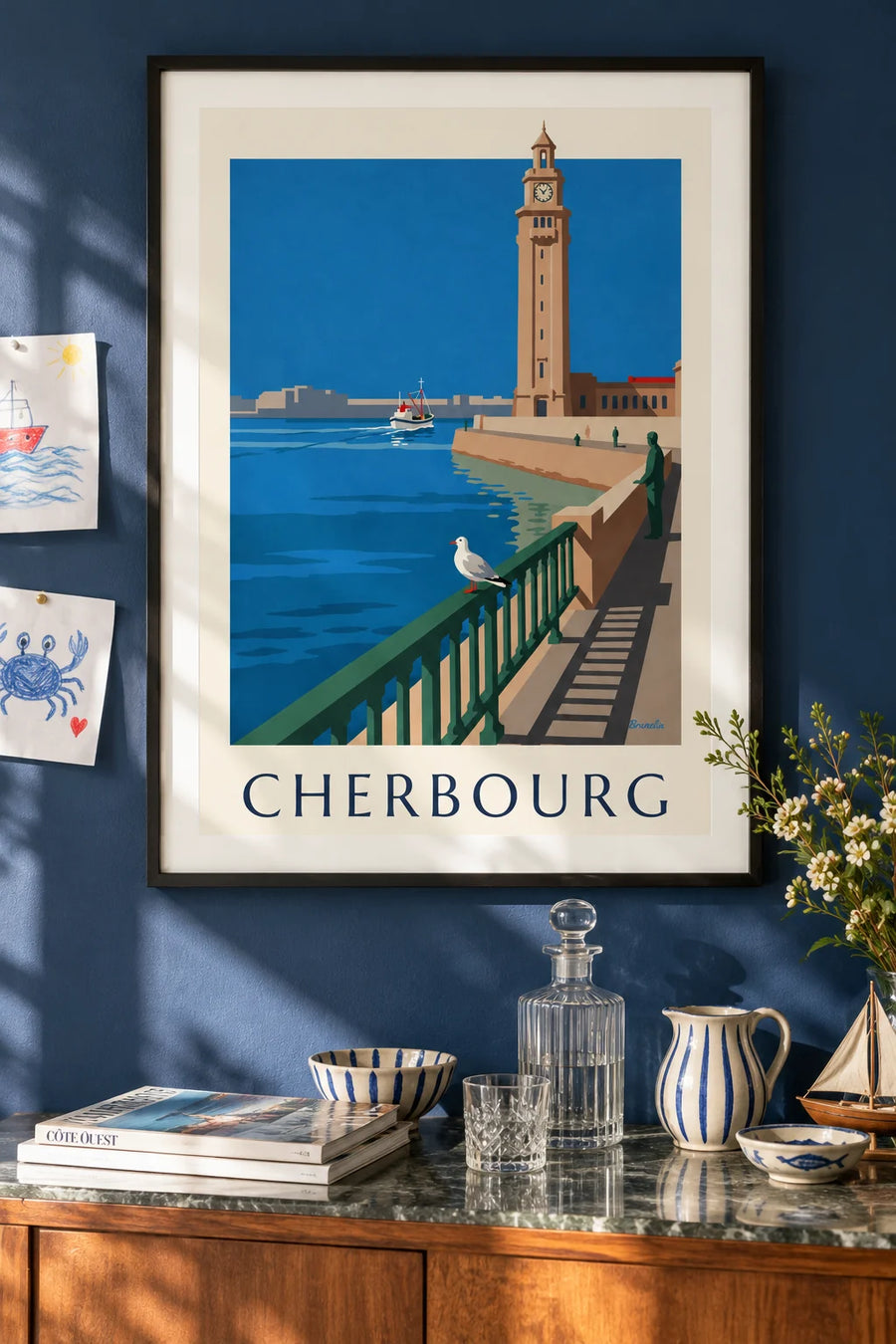 Poster of a seagull and the clock tower of the Cherbourg ferry terminal: framed on the wall