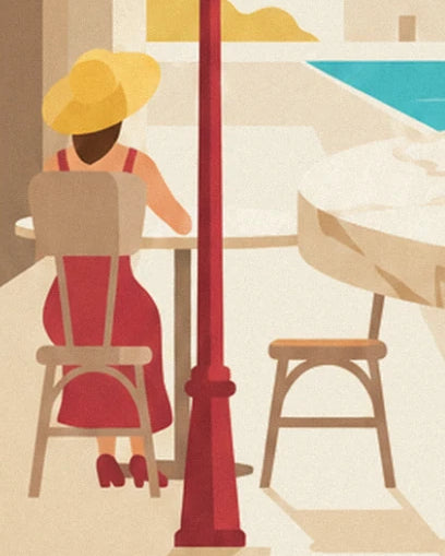 A woman in a red dress and yellow hat seated on a terrace beside an empty chair