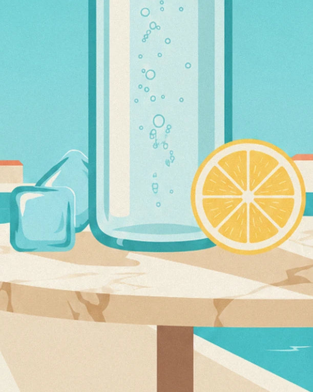 The lemon slice and ice cubes at the base of the bottle on the table