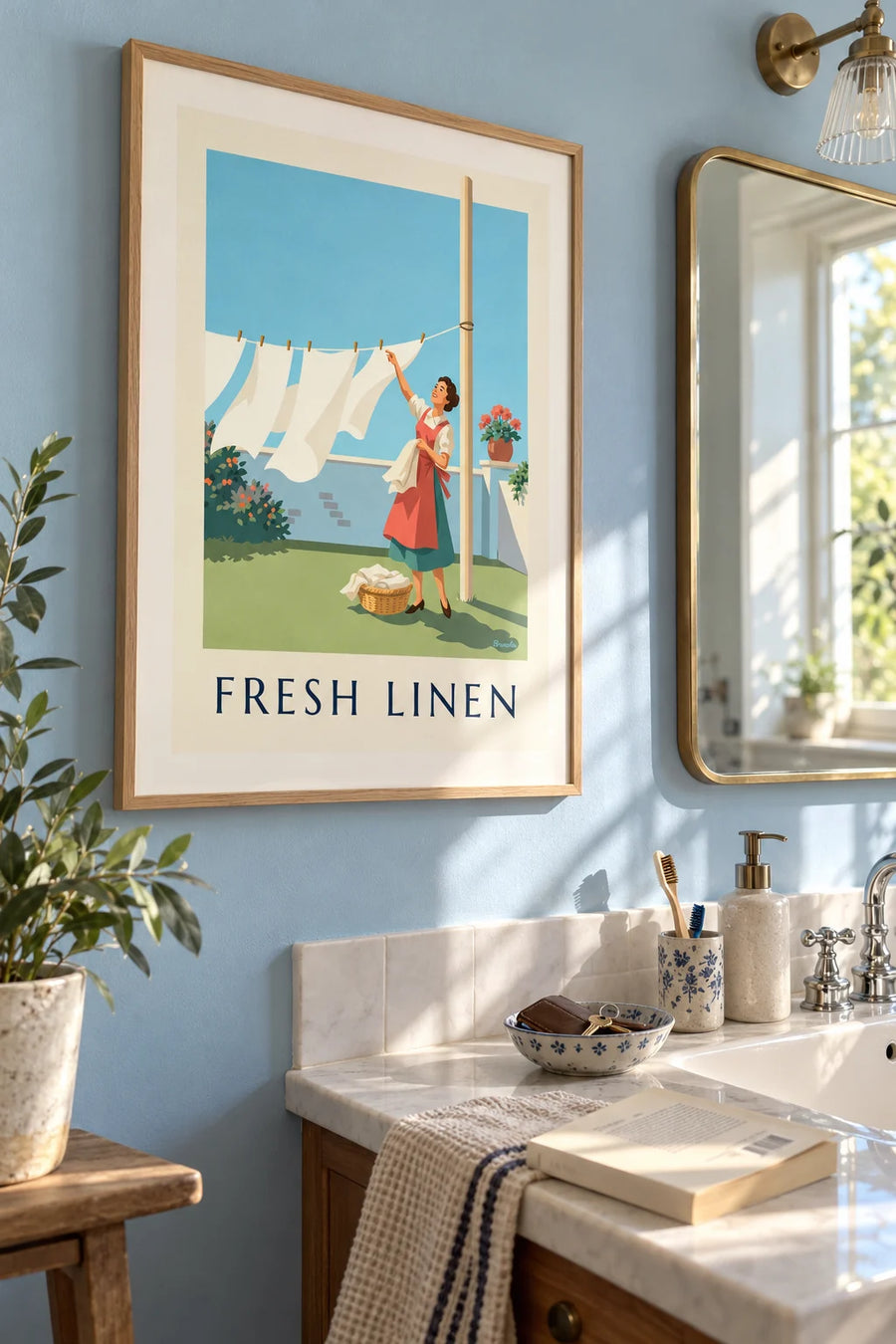 Affiche ménagère étendant son linge blanc au jardin : encadrée au mur