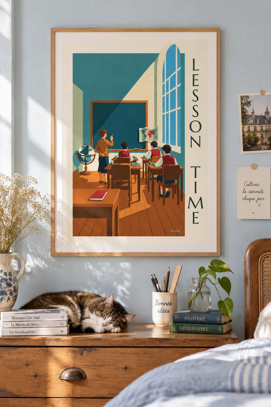 Poster of a teacher and students in a school classroom, blackboard: framed on the wall