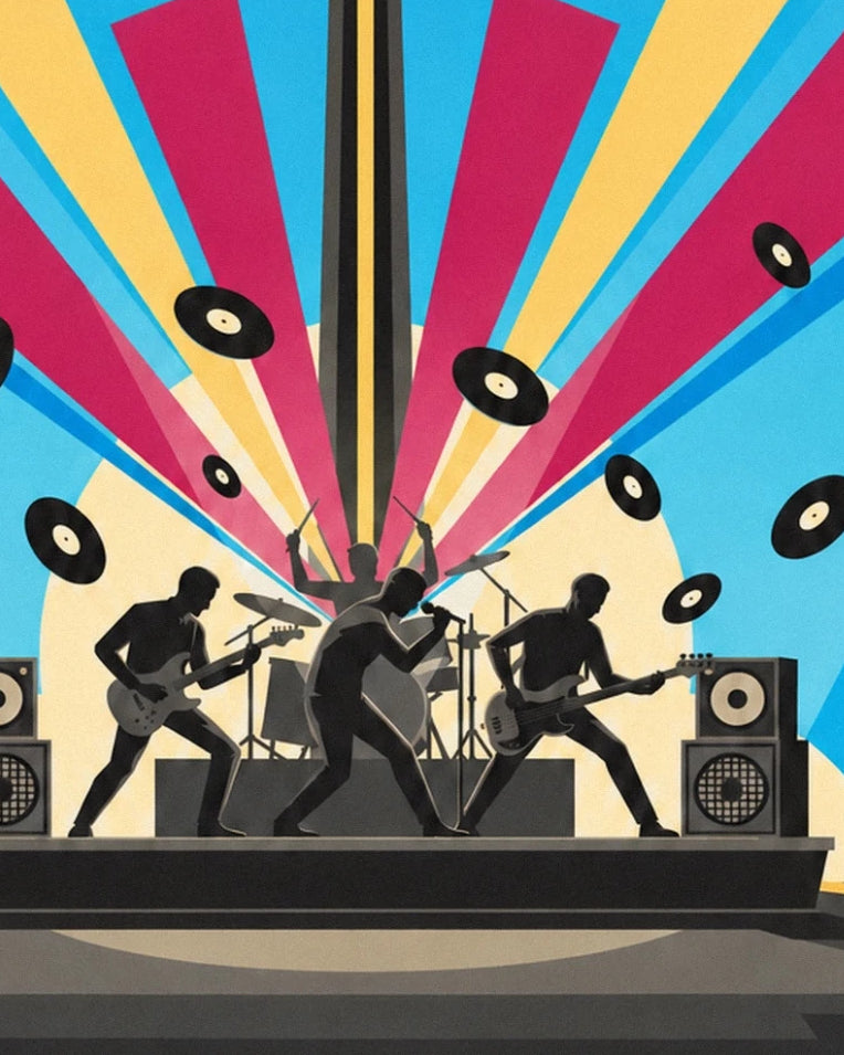 Rock musician silhouettes on stage and vinyl records poster: close-up detail