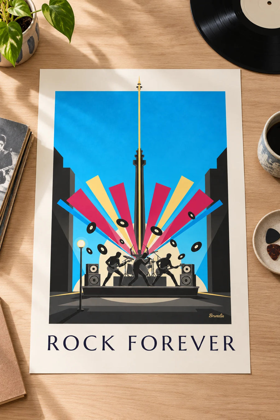 Poster of rock musician silhouettes on stage and vinyl records: placed on a table