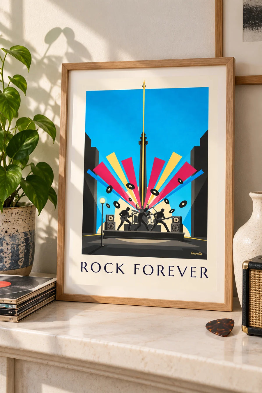 Poster of rock musician silhouettes on stage and vinyl records: small A4 framed size