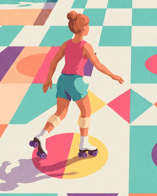 La patineuse en débardeur rose et short turquoise sur la jetée aux motifs géométriques