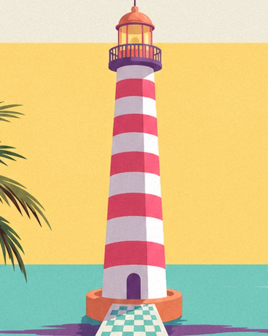 Le phare rayé rose et blanc, sa lanterne orangée et son accès en damier