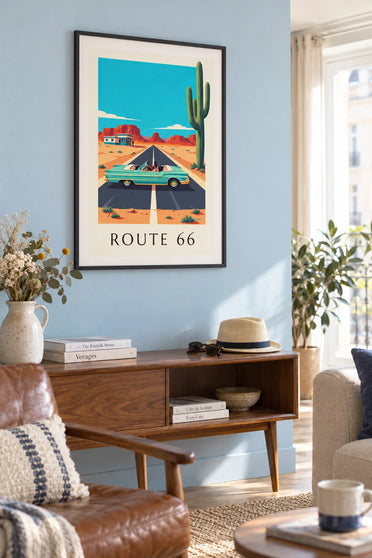 Poster of a car on Route 66 in the American desert: framed on the wall