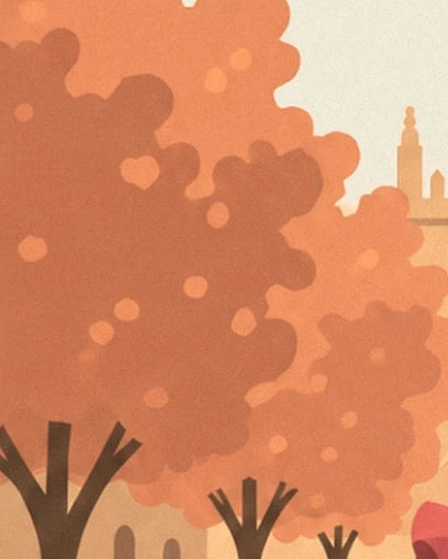 Les arbres aux feuillages orangés et leurs troncs bruns devant les façades de Séville