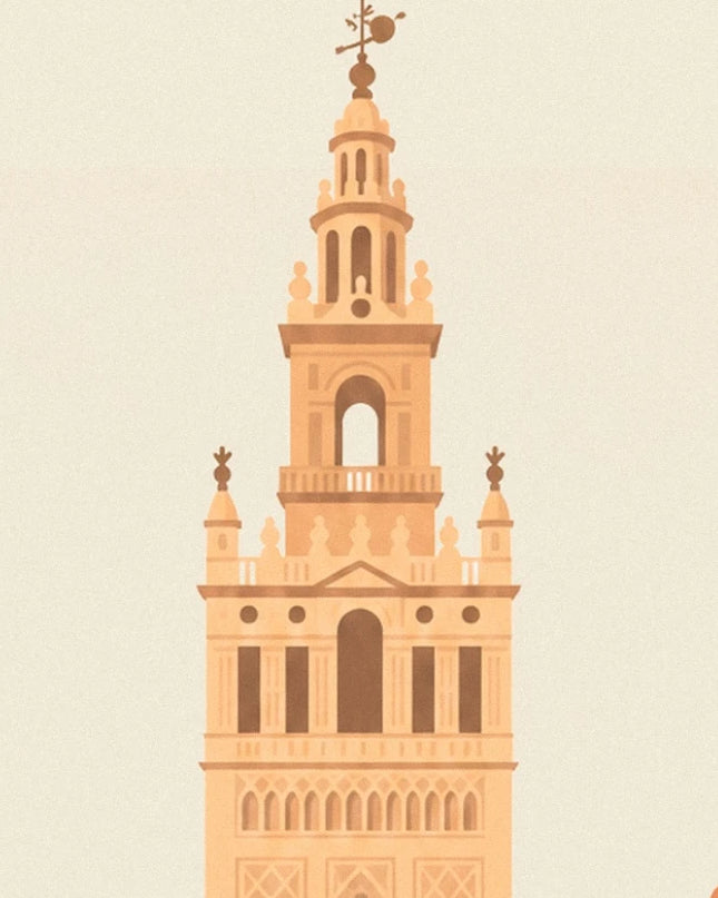Le sommet de la Giralda à Séville, ses arcades et sa girouette sur le ciel crème