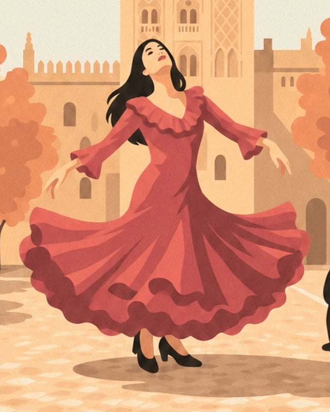 La danseuse aux cheveux noirs et sa robe rouge à volants déployée devant les façades ocre