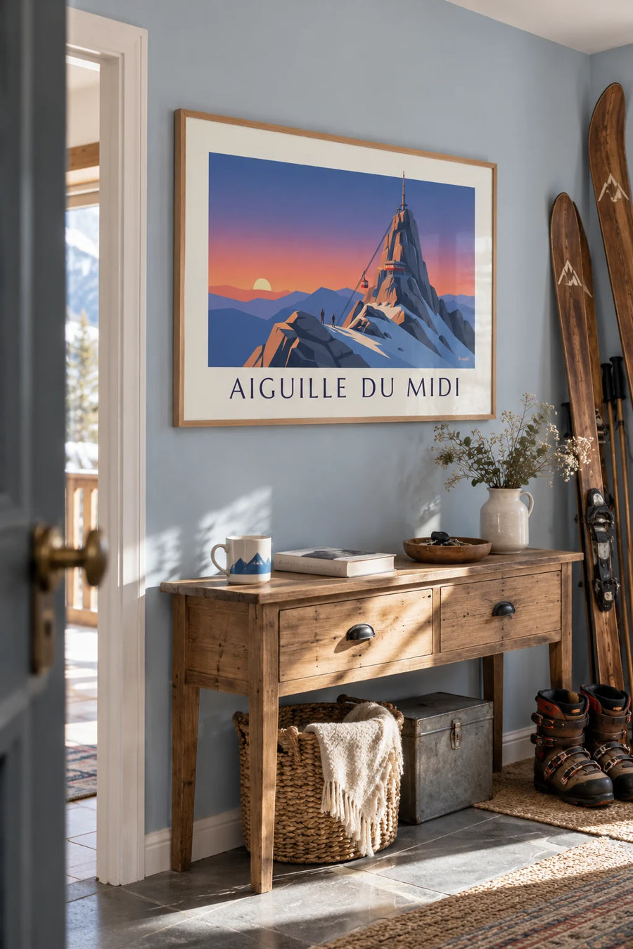 Poster of the Aiguille du Midi cable car at sunset: framed on the wall