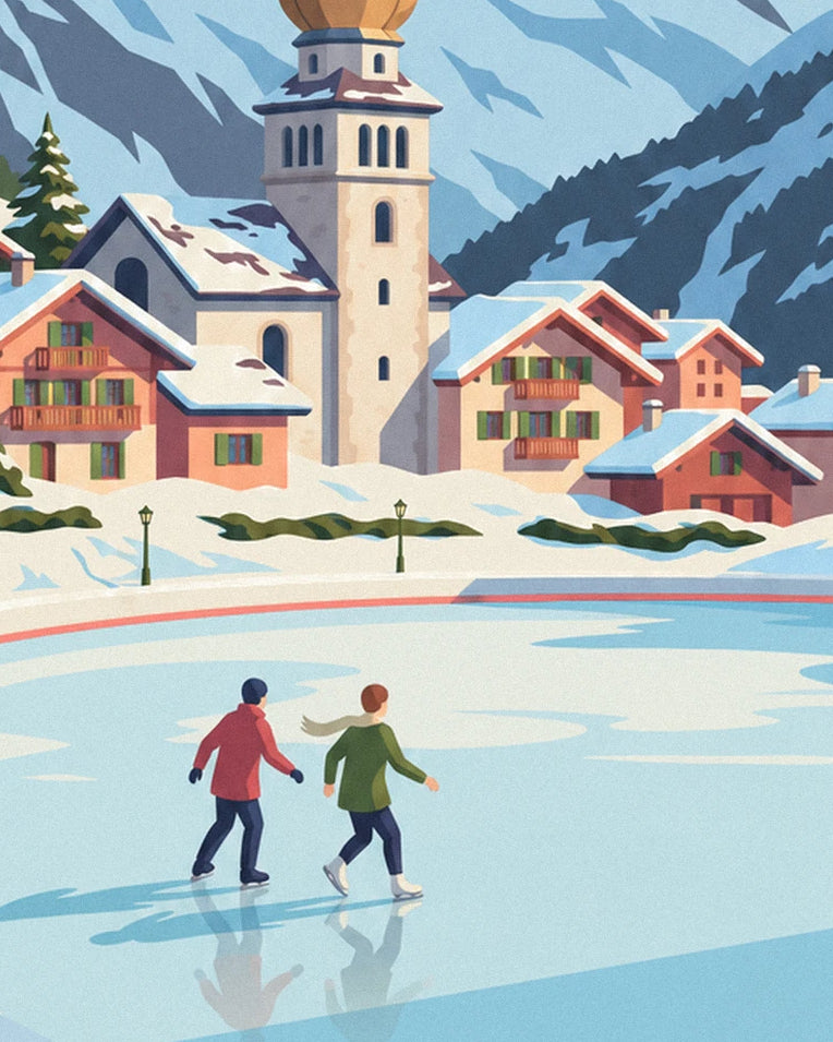 Chamonix ice rink and Aiguille du Midi skaters poster: close-up detail