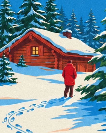 A figure in a red coat in front of the wooden chalet with its snowy roof