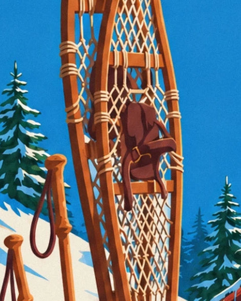 The wooden snowshoes with pale webbing and brown bindings beside the poles