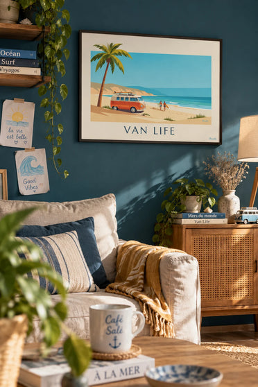 Poster of a camper van and surfers under palm trees at sunset: framed on the wall