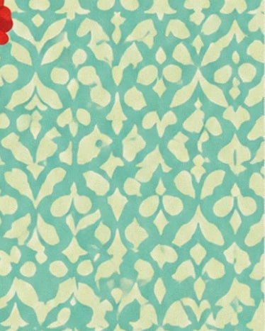 A pale yellow botanical pattern with stylised leaves on a sea green background