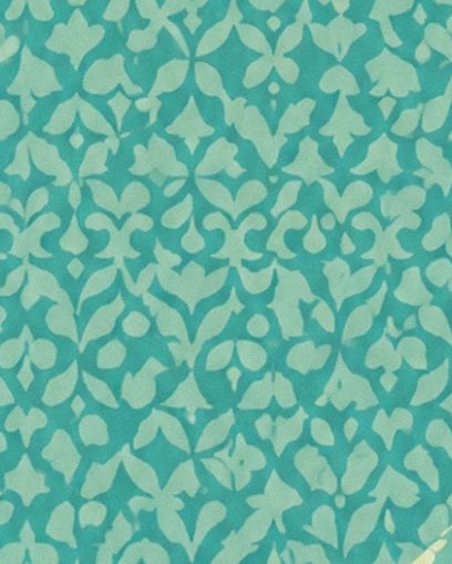 The turquoise wallpaper with pale green leaf and floral patterns