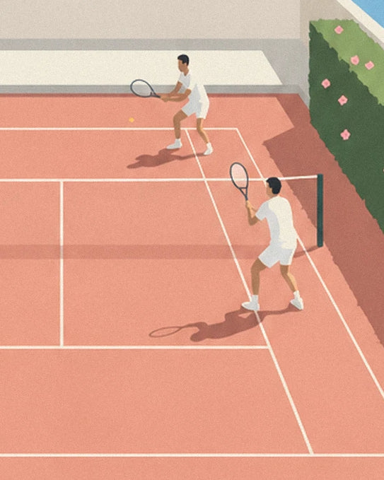 The 2 players in white with their rackets on the clay tennis court