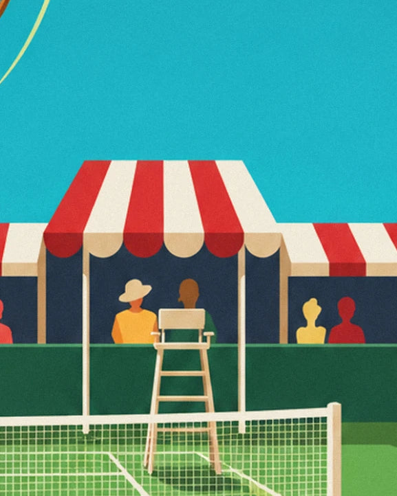 The umpire's chair in front of the stands with their red and white awning, beneath a turquoise sky