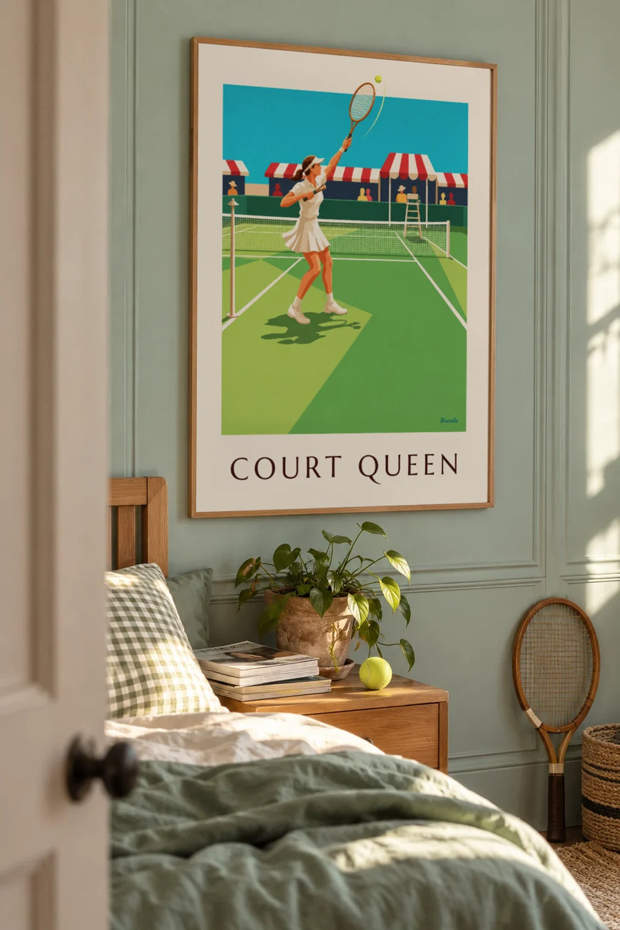 Poster of a female tennis player in a pleated skirt and visor on grass: framed on the wall