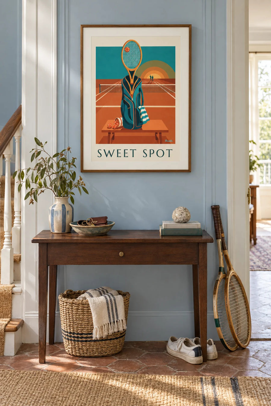 Poster of a tennis bag, racket and balls at the edge of the court: framed on the wall