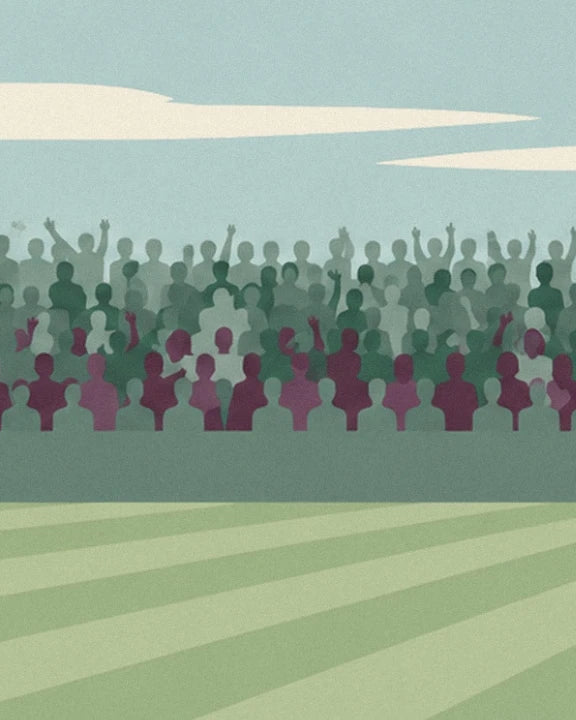Les tribunes peuplées de silhouettes vertes et mauves au bord du court de tennis