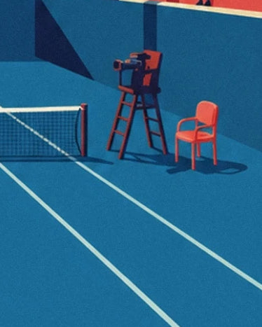 The tall umpire's chair and coral chair near the net on the blue court