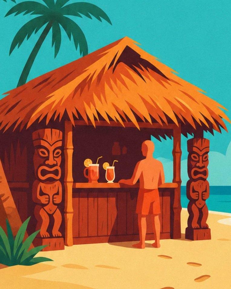 Tropical beach tiki bar with palm trees poster: close-up detail