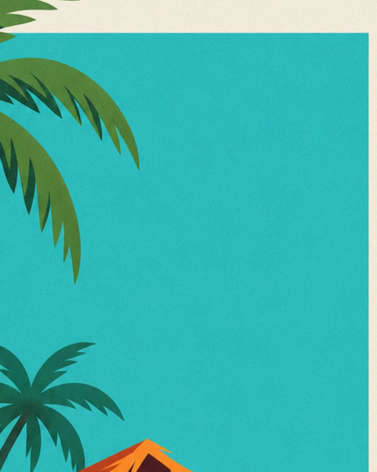 Tropical beach tiki bar with palm trees poster: close-up detail