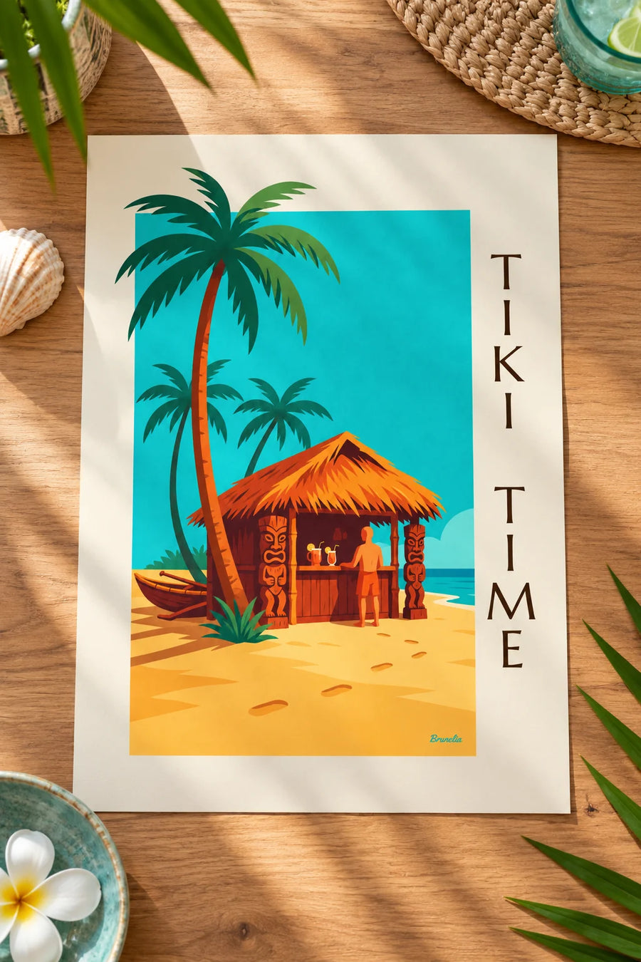 Tropical tiki bar poster on the beach with palm trees: displayed on a table